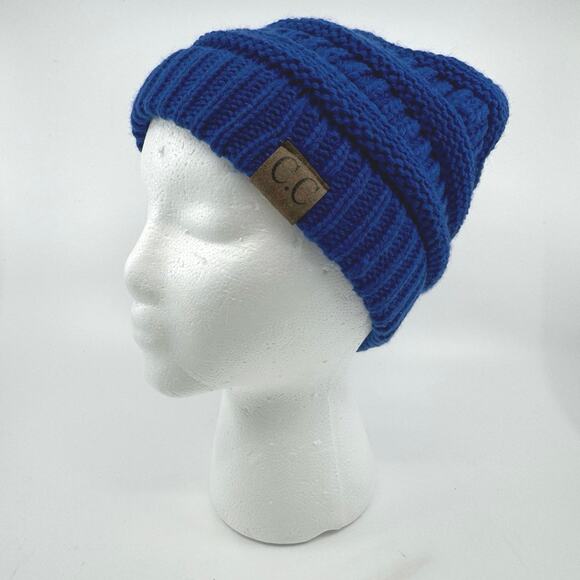 CC Cable Knit Beanie Ribbed Knitted Winter Beanie Hat Slouchy Fit Blue Womens OS - Picture 2 of 5